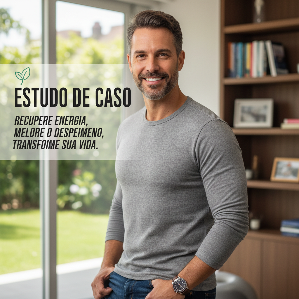 Homem sorridente de camiseta cinza em um escritório, com texto sobre estudo de caso e transformação de vida sobreposto à imagem.