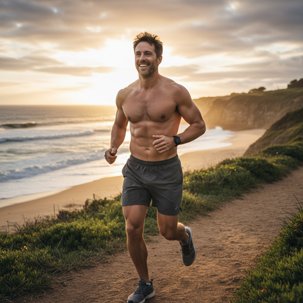 Homem atlético sem camisa correndo em uma trilha costeira durante o pôr do sol.